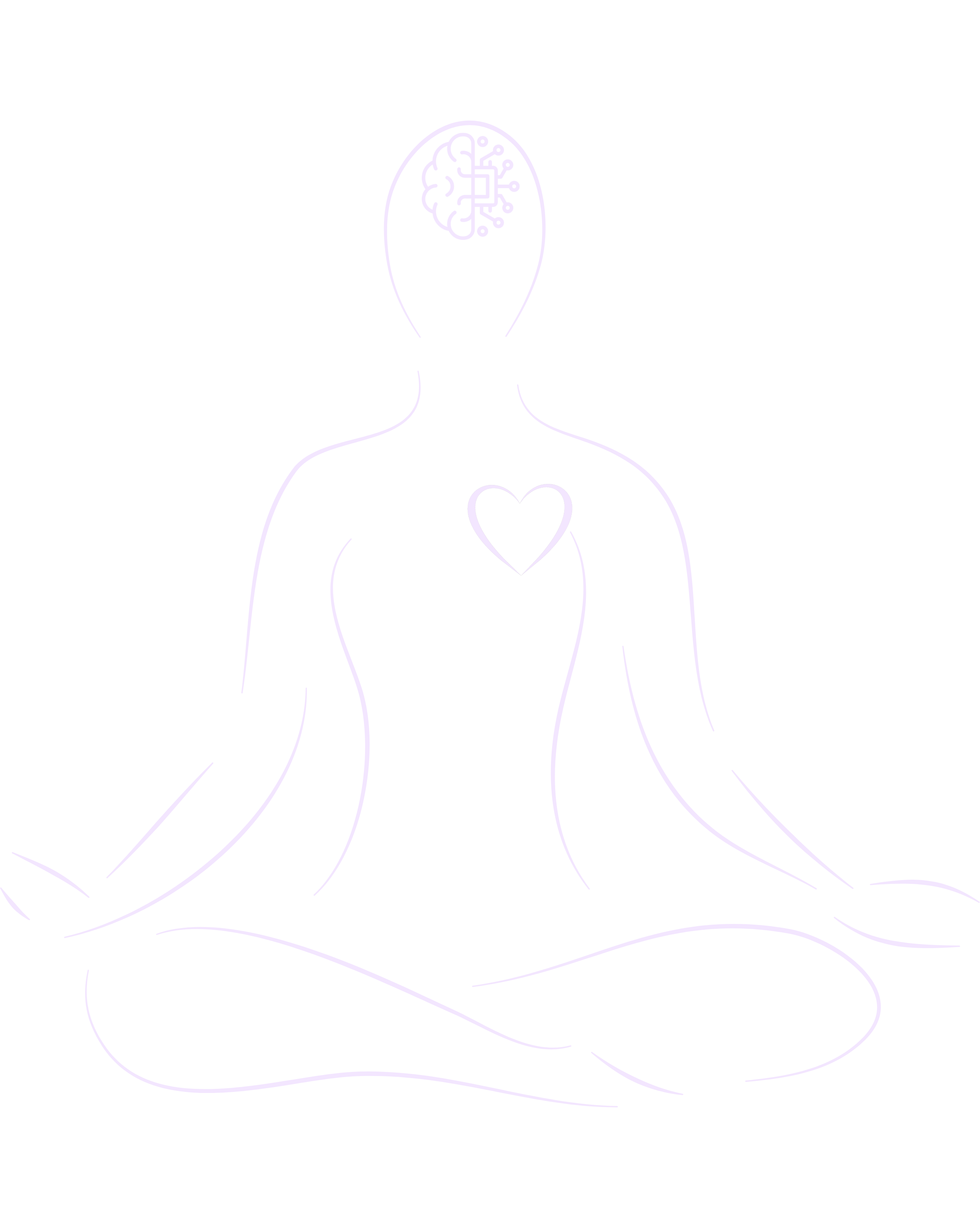 Figure meditating, brain and heart illuminated